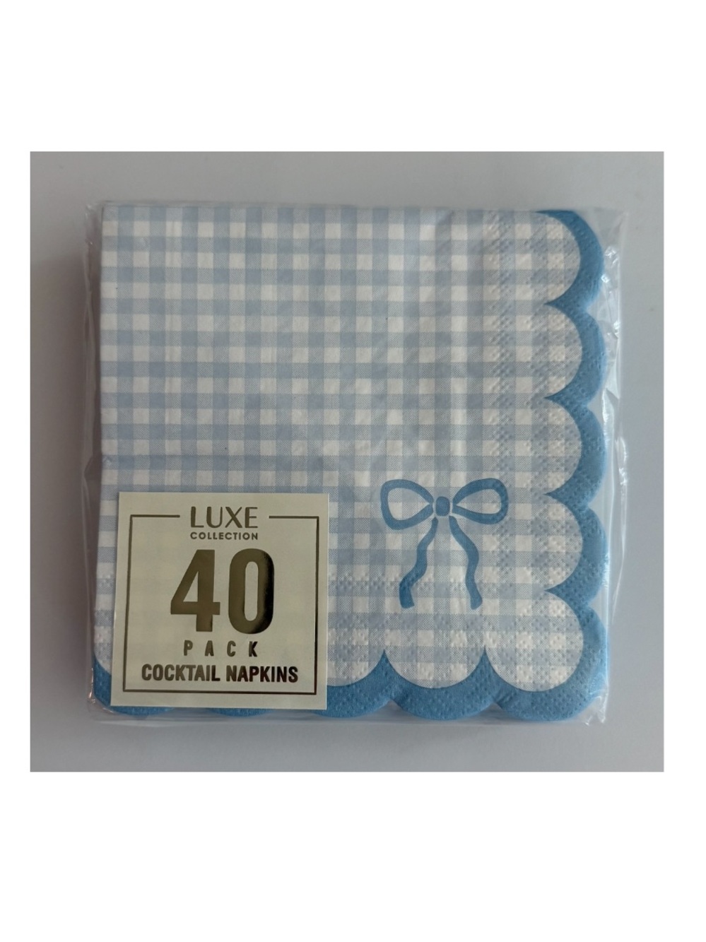 Luxe Blue Gingham Cocktail Napkins with Blue Bow Accent - 40 Pack